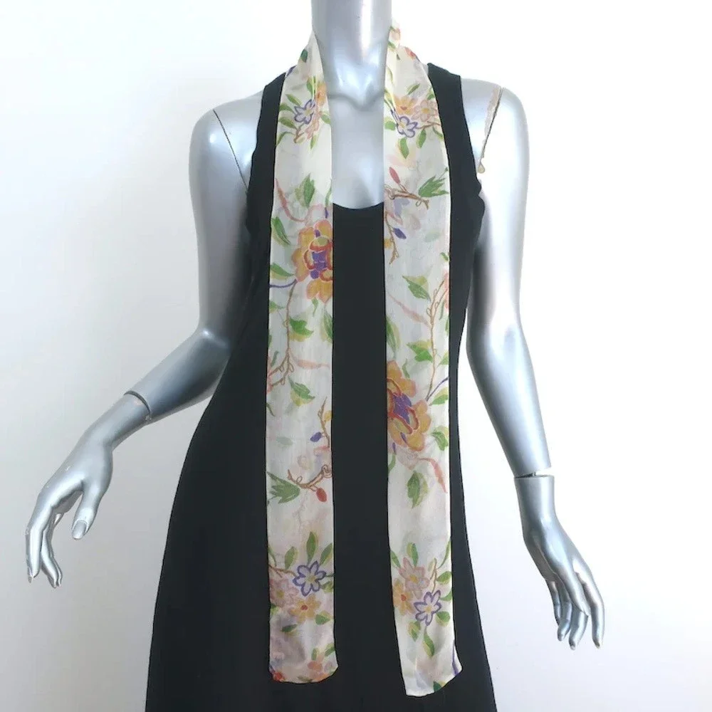 Christian Dior Skinny Scarf Cream Floral Print Chiffon Neck Tie